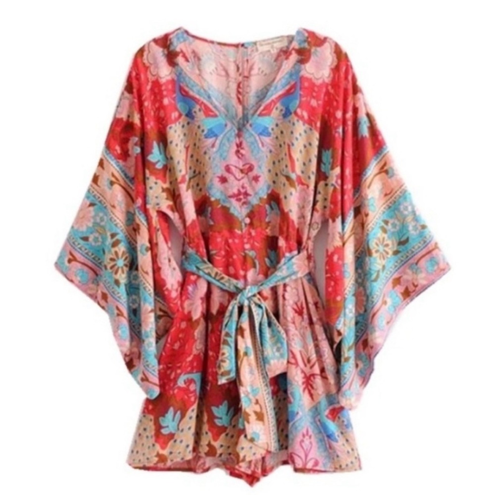 Spell Red Multicolor Floral Boho Short Jumpsuit - Picture 8 of 12